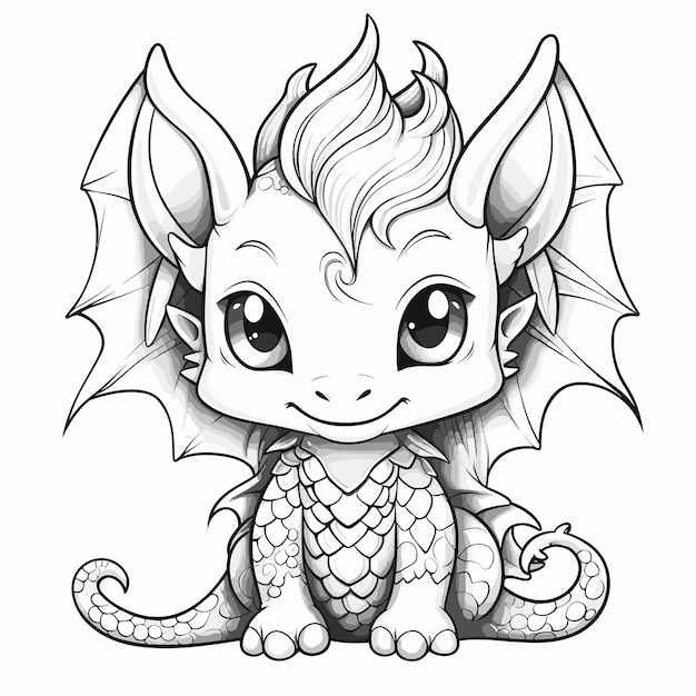 Vector hand drawn animal outline illustration cute dragon coloring pages for children