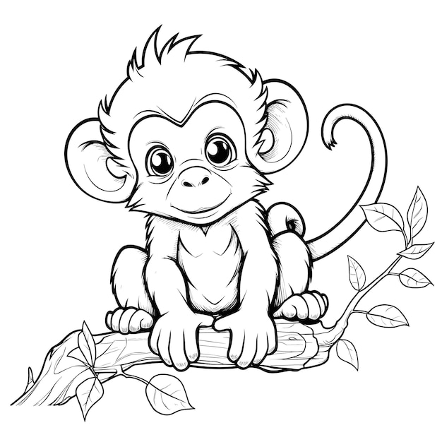 Hand drawn animal outline for monkey coloring page black and white