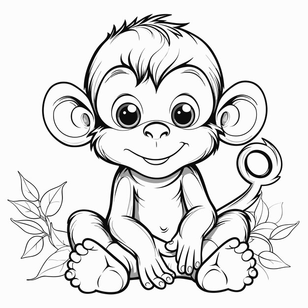 Hand drawn animal outline for monkey coloring page black and white