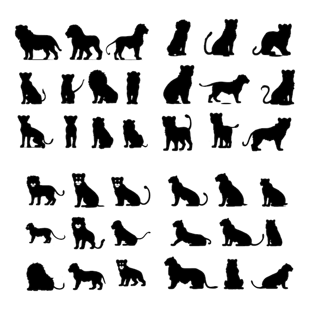 Hand drawn animal silhouette Collection of african lion silhouettes set Wildlife animal silhouette