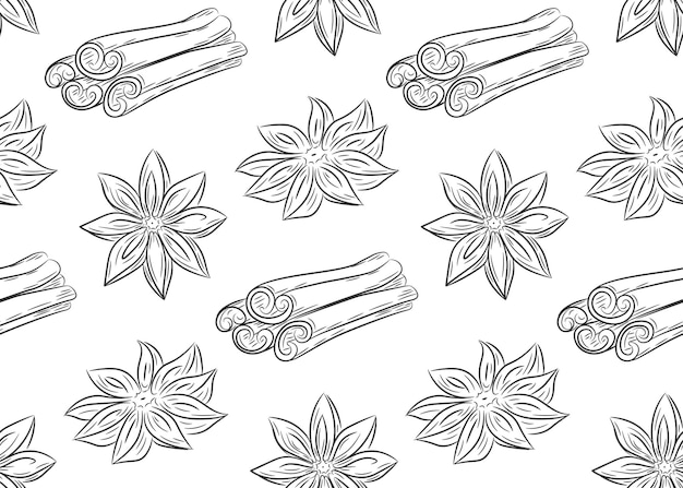 Hand drawn anise, cinnamon seamless pattern background. Spices in doodle style. Isolated vector.