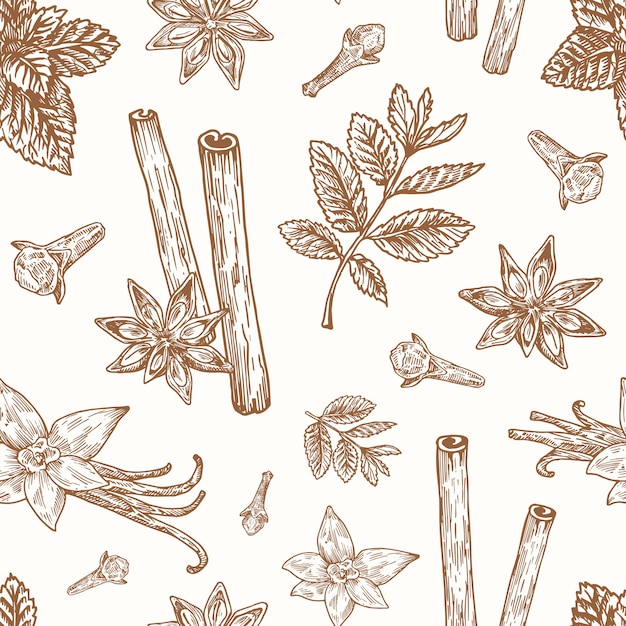 Hand Drawn Anise, Mint, Cinnamon, Clove and Vanilla Vector Seamless Background Pattern