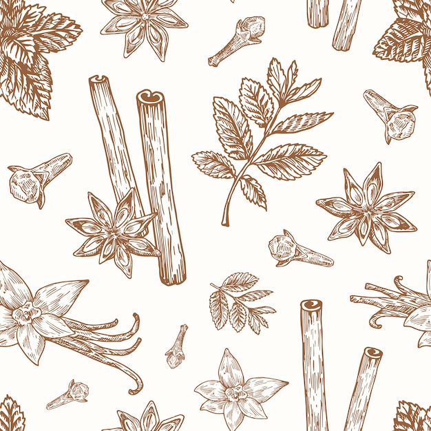 Hand drawn anise, mint, cinnamon, clove and vanilla vector seamless background pattern