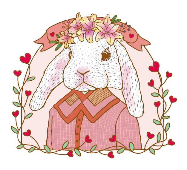 hand drawn anthropomorphism rabbit with lily flower