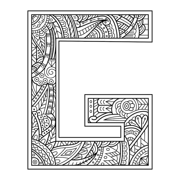 Hand drawn of aphabet letter G in zentangle style