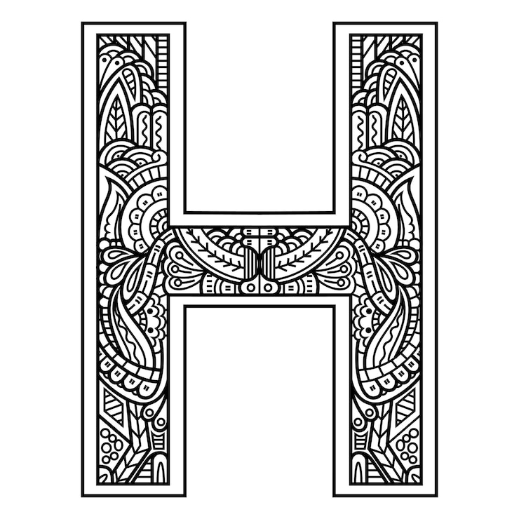 Hand drawn of aphabet letter H in zentangle style