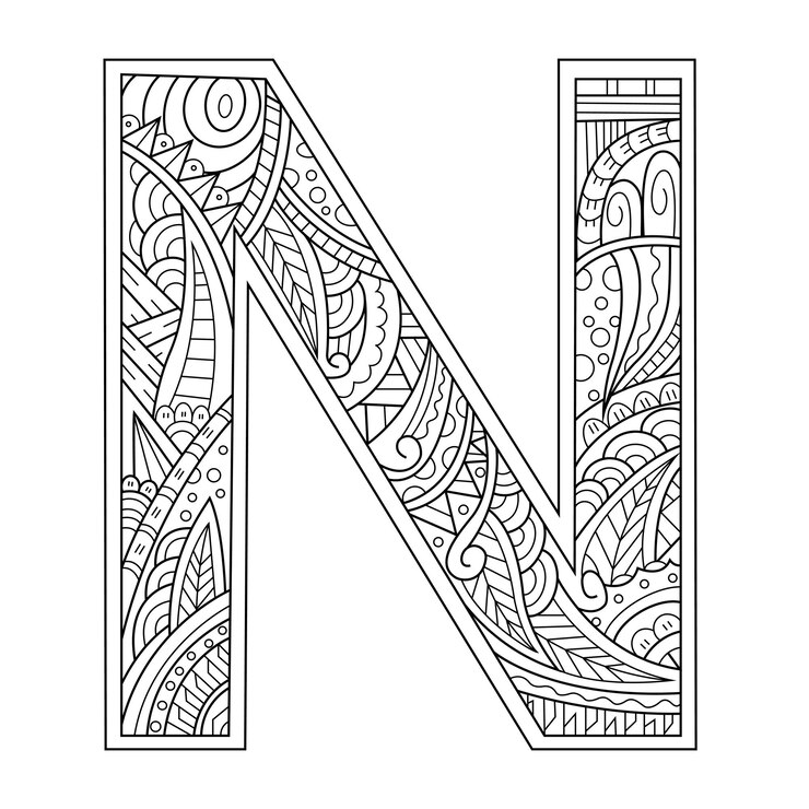 Hand drawn of aphabet letter N in zentangle style