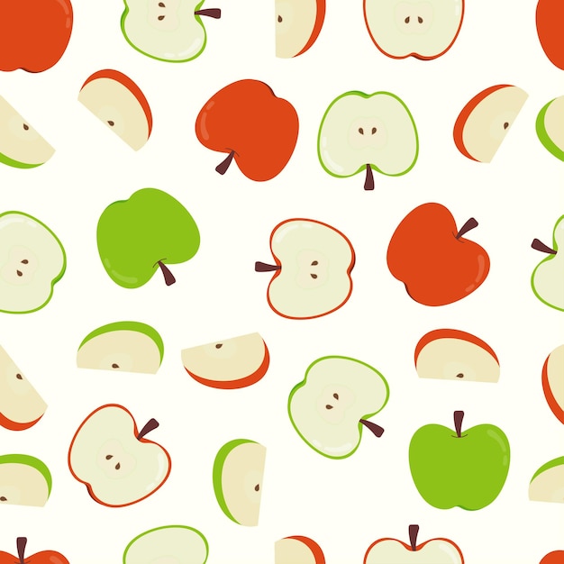 Vettore fondo senza cuciture del modello della mela disegnata a mano. varie forme di mele rosse e verdi.