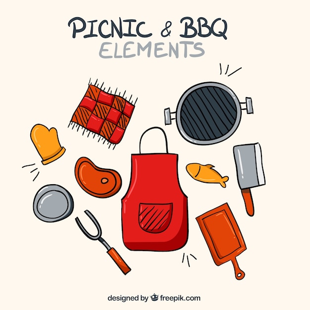 Mano grembiule disegnato con elementi bbq