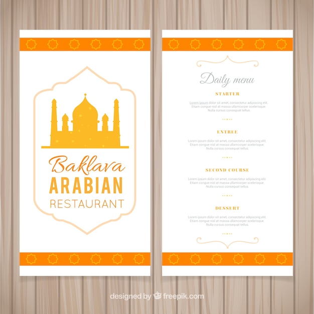 Vector hand drawn arabian menu restaurant in yellow color