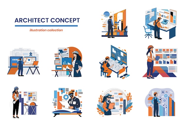 Вектор Коллекция рисованной архитекторов и инженеров в плоском стиле иллюстрации для бизнес-идей