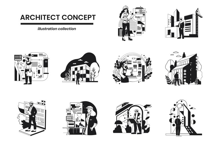 Vector hand drawn architects and engineers collection in flat style illustration for business ideas