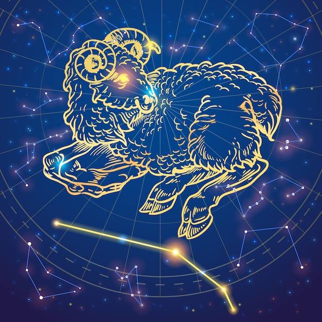 Hand-drawn aries sheep zodiac sign on star background