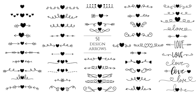 Vector hand drawn arrow collection with heart