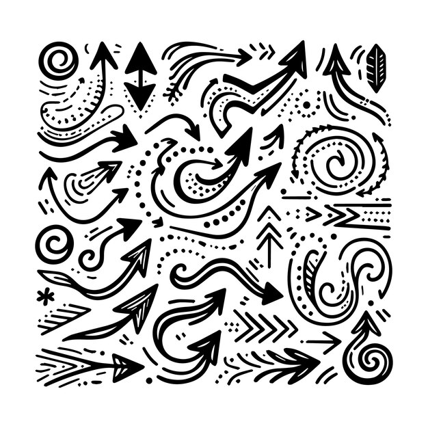 Hand drawn arrow set featuring curved straight dotted and swirled arrows design