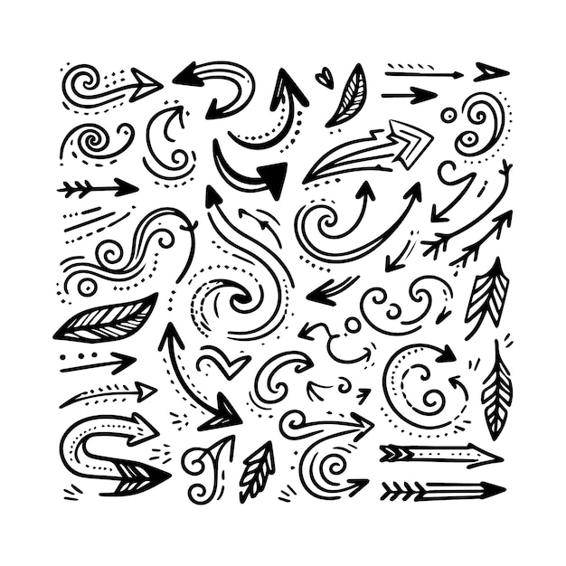Hand drawn arrow set featuring curved straight dotted and swirled arrows design