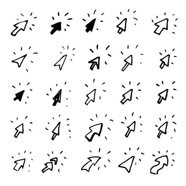 Набор рисованной стрелки нажмите каракулей. Иконы стиля эскиза. Элемент декора. Изолированные на белом фоне. Плоский дизайн. Векторная иллюстрация.