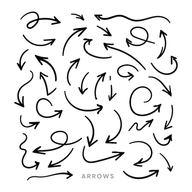 La raccolta di frecce disegnate a mano imposta semplici frecce piatte isolate su icone di segni di freccia su sfondo bianco
