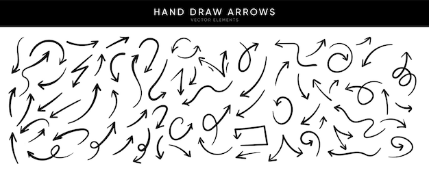 La raccolta di frecce disegnate a mano imposta semplici frecce piatte isolate su icone di segni di freccia su sfondo bianco