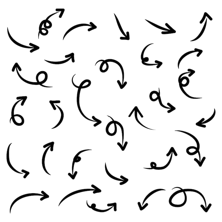 Vector hand drawn arrows collection, with various directions. doodle.