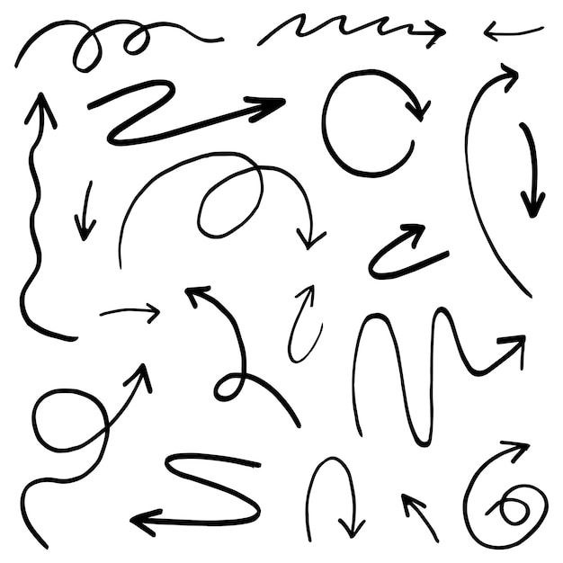 手描きの矢印アイコンさまざまな方向で矢印アイコンを設定します白い背景で隔離の落書きベクトル図