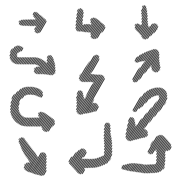Нарисованные вручную значки стрелок установить значок стрелки с различными направлениями векторная иллюстрация каракулей изолирована на белом фоне