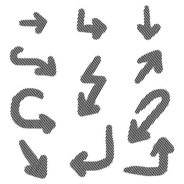 손으로 그린 화살표 아이콘 흰색 배경에 고립 된 다양 한 방향 낙서 벡터 일러스트와 함께 화살표 아이콘을 설정