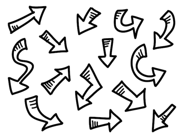 Set di icone di frecce disegnate a mano. icona della freccia con varie direzioni. illustrazione vettoriale di scarabocchio. isolato su uno sfondo bianco