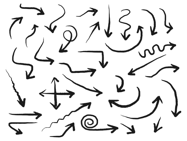 손으로 그린 화살표 아이콘 다양한 방향으로 화살표 아이콘을 설정 낙서 벡터 일러스트 레이 션