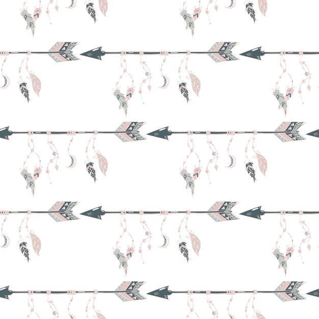 Hand drawn arrows with feathers and beads seamless pattern. boho arrows.