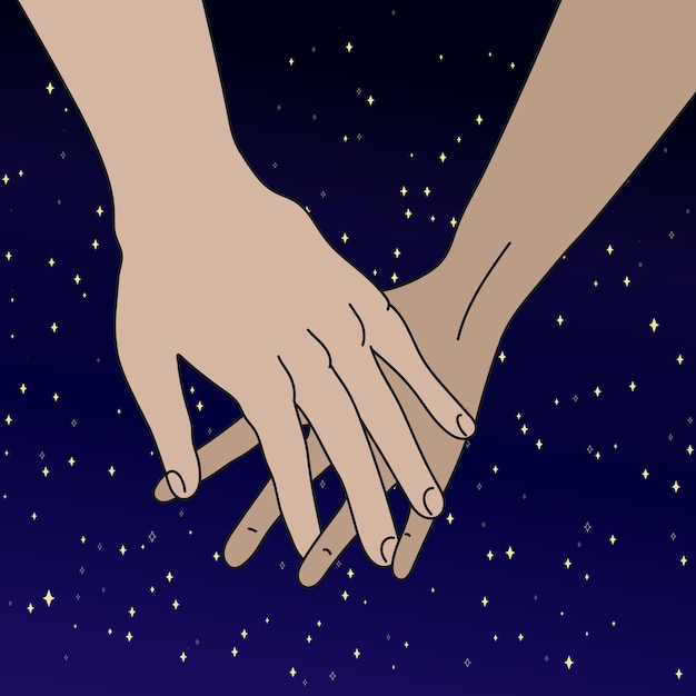 Vector hand drawn art of hand in hand on night sky background