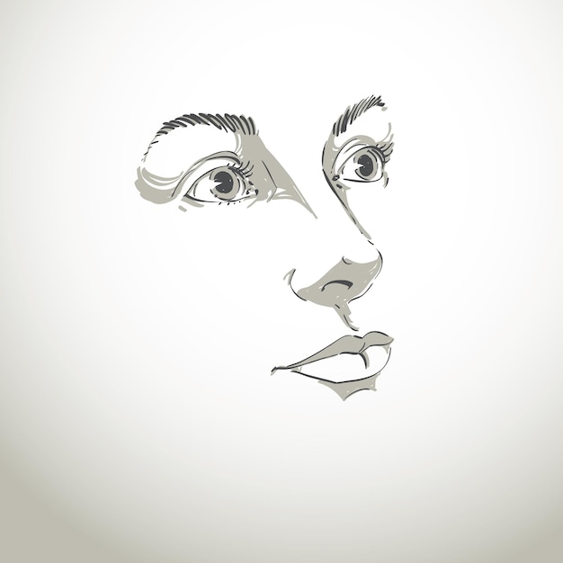 Vettore ritratto artistico disegnato a mano di donna romantica dalla pelle bianca, silhouette del viso di donna. illustrazione del tema delle emozioni del viso. signora pacifica in posa su sfondo bianco, contorno.