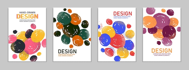 Hand drawn art vector covers circles abstract backgrounds set, artistic graphic design brochures flyers or booklets, advertising colorful positive posters, textured abstraction funny and cute.