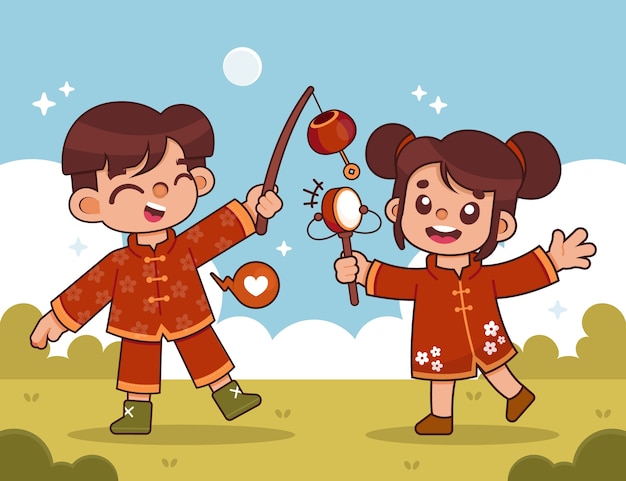 Vector hand drawn asian children illustration