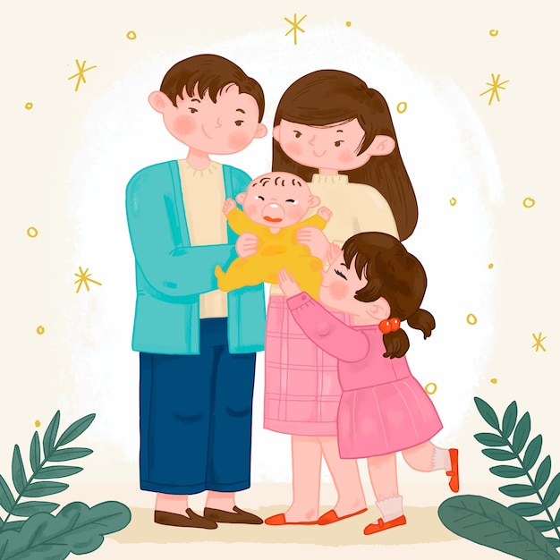 hand drawn asian family illustration