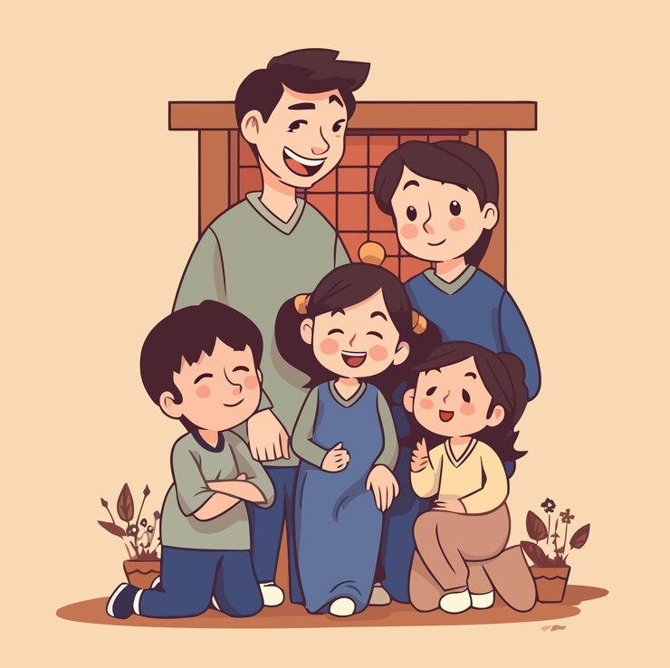 Vector hand drawn asian family vector cartoon style illustration