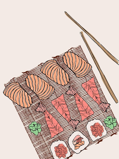 Hand drawn asian food collection with sushi and wasabi.  Creative design with empty space