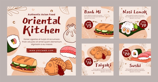 Vector hand drawn asian food instagram posts