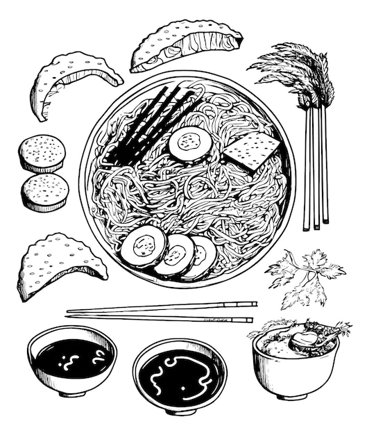 Vector hand drawn asian food top view