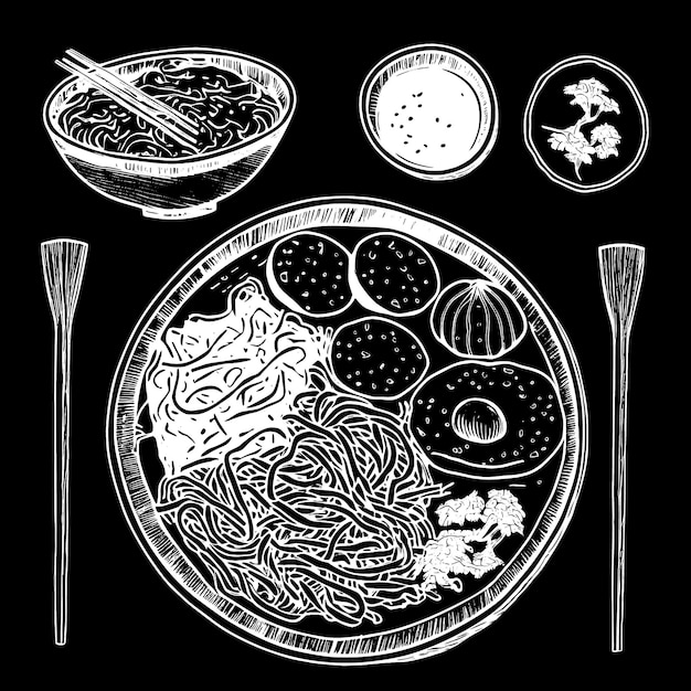 Vector hand drawn asian food top view