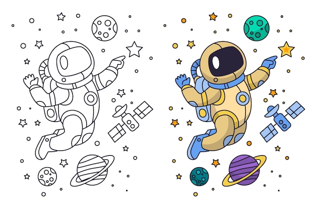 Illustrazione disegnata a mano del libro da colorare dell'astronauta