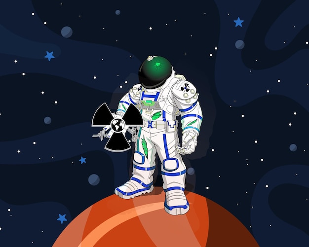 Astronauta disegnato a mano che atterra sullo sfondo dello spazio colorato di marte con l'astronauta