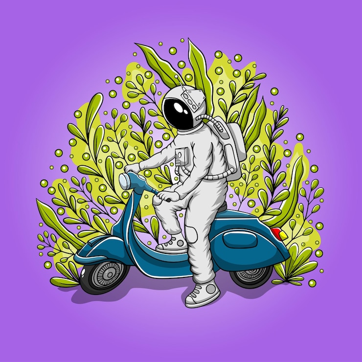 Vector hand drawn astronaut riding a scooter