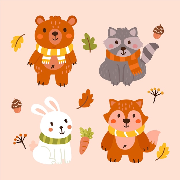 Vector hand drawn autumn animals collection