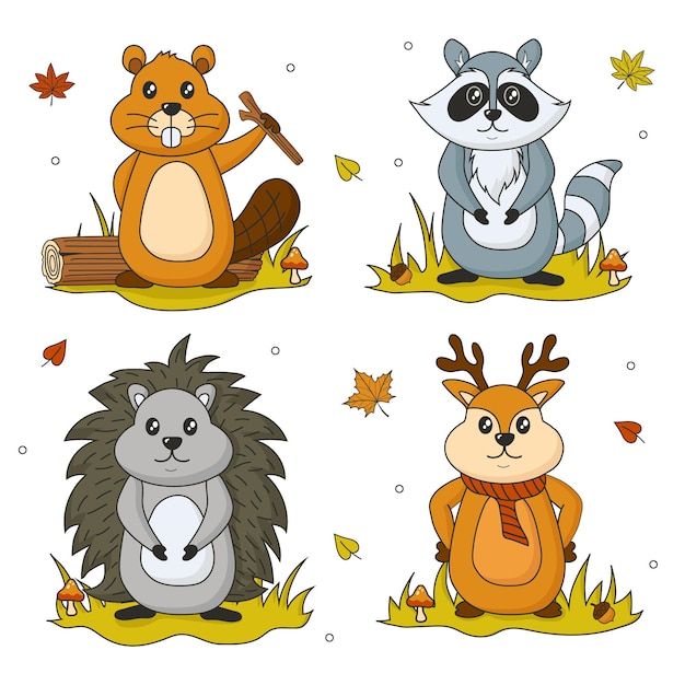 Vector hand drawn autumn animals collection