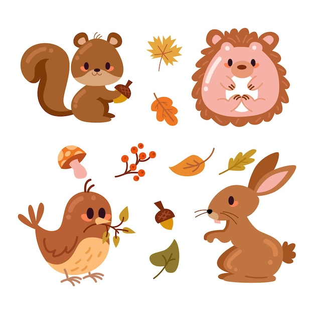 Vector hand drawn autumn animals collection