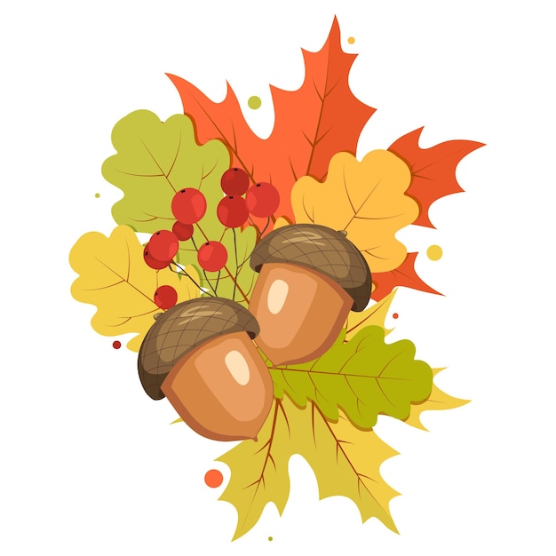 Hand drawn autumn clip art Acorns guelder rose and colorful leaves