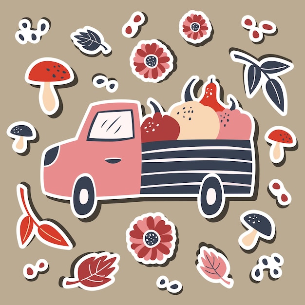 Вектор Нарисованные вручную осенние милые наклейки с грузовиком, тыквами, осенними листьями, цветами и грибами.