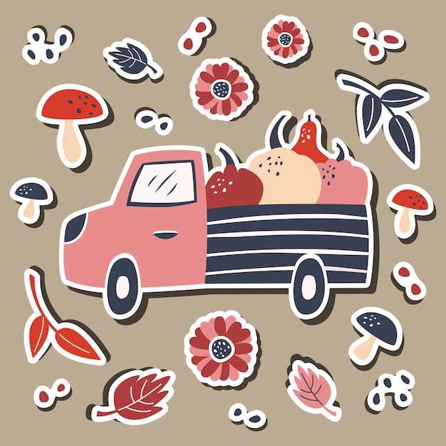 Vector hand drawn autumn cute stickers with a truck, pumpkins, autumn leaves, flowers and mushrooms.