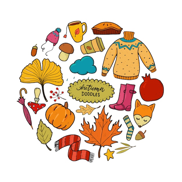 Vector hand drawn autumn doodles set